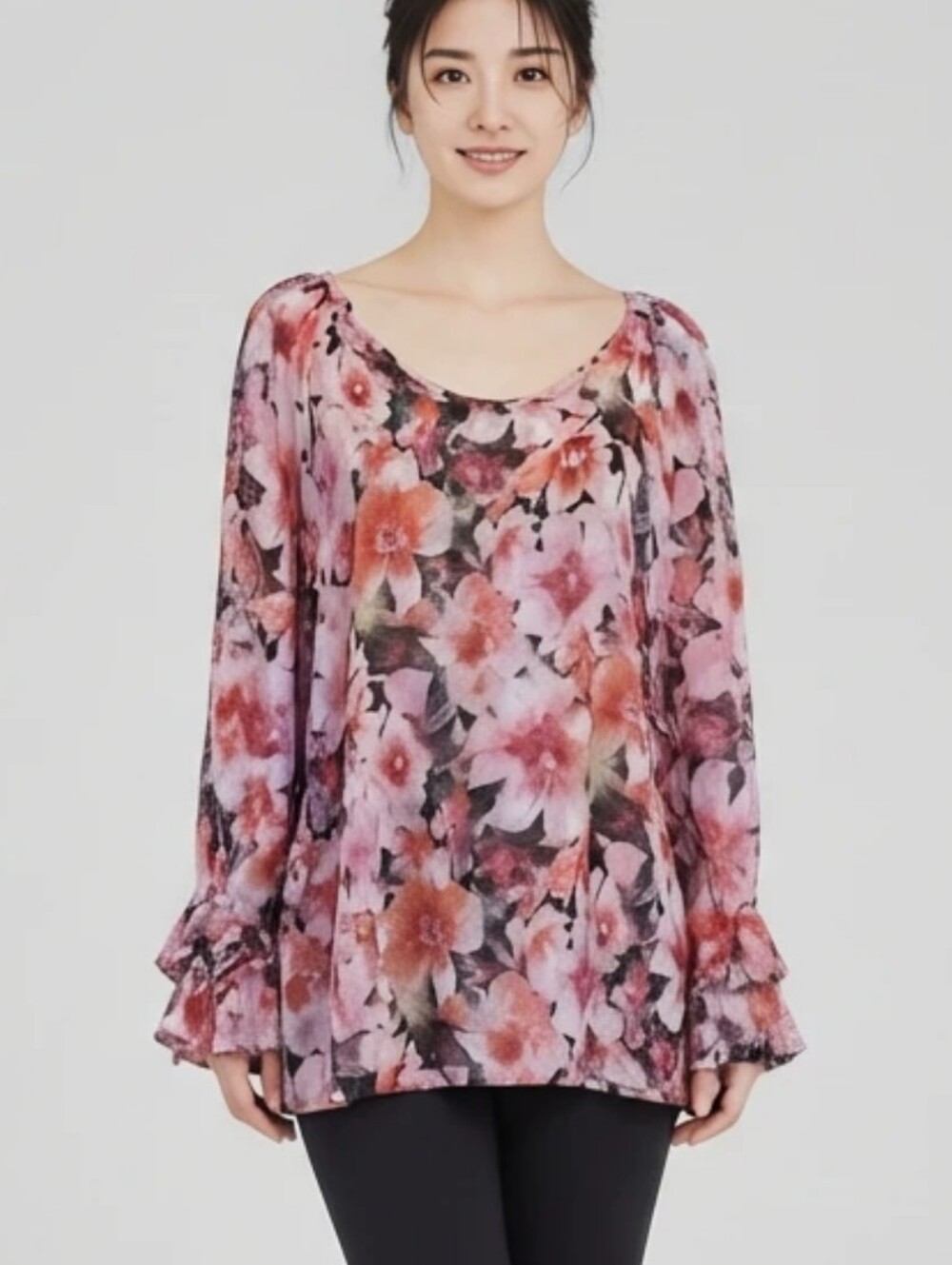 Stem & Vine Floral Pink Orange Long-Sleeve Lantern Women's Top Shirt Plus Sz‎ 2X